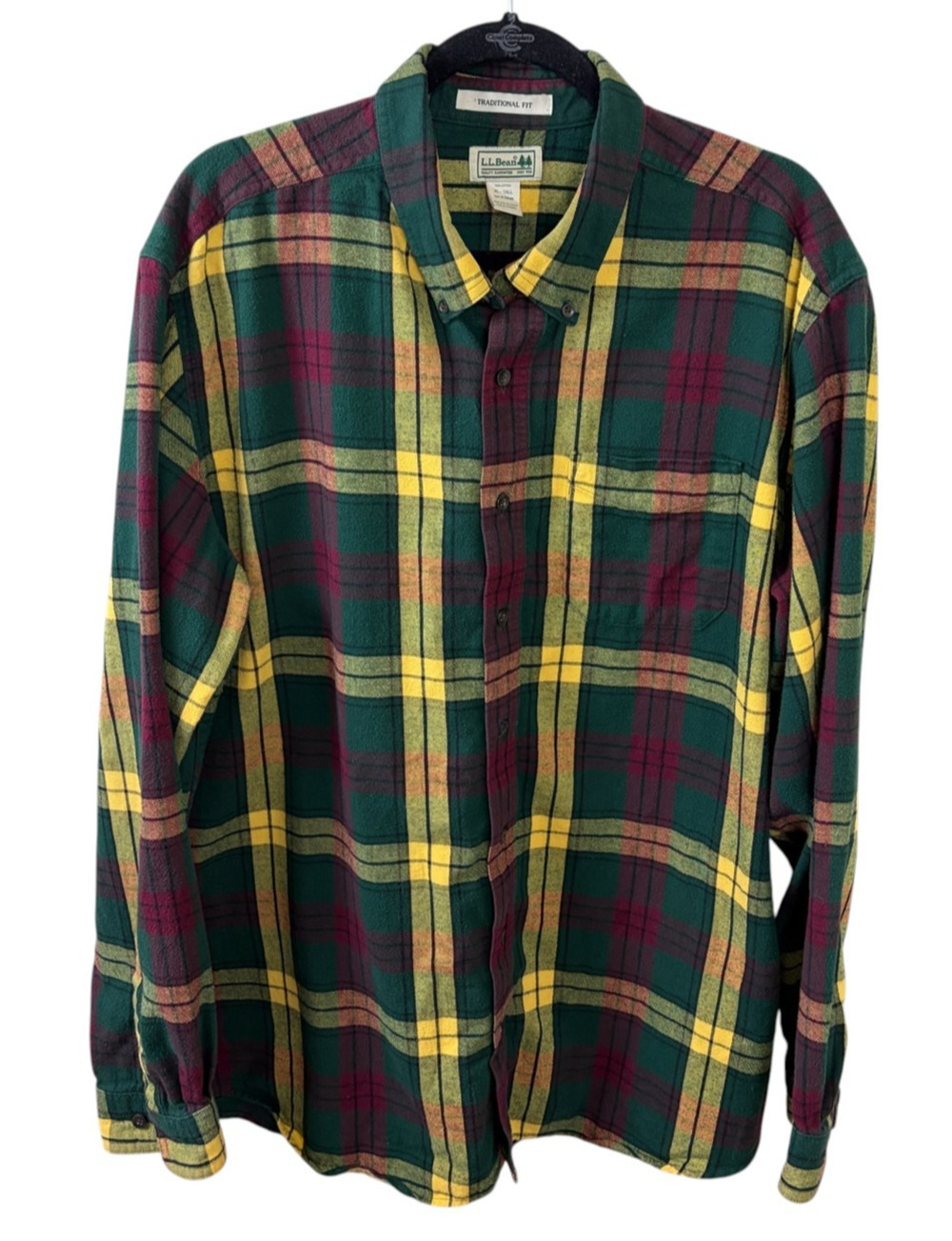 L.L.Bean Men’s Scotch Plaid Flannel Shirt XLT Yellow Green Burgundy Cabincore